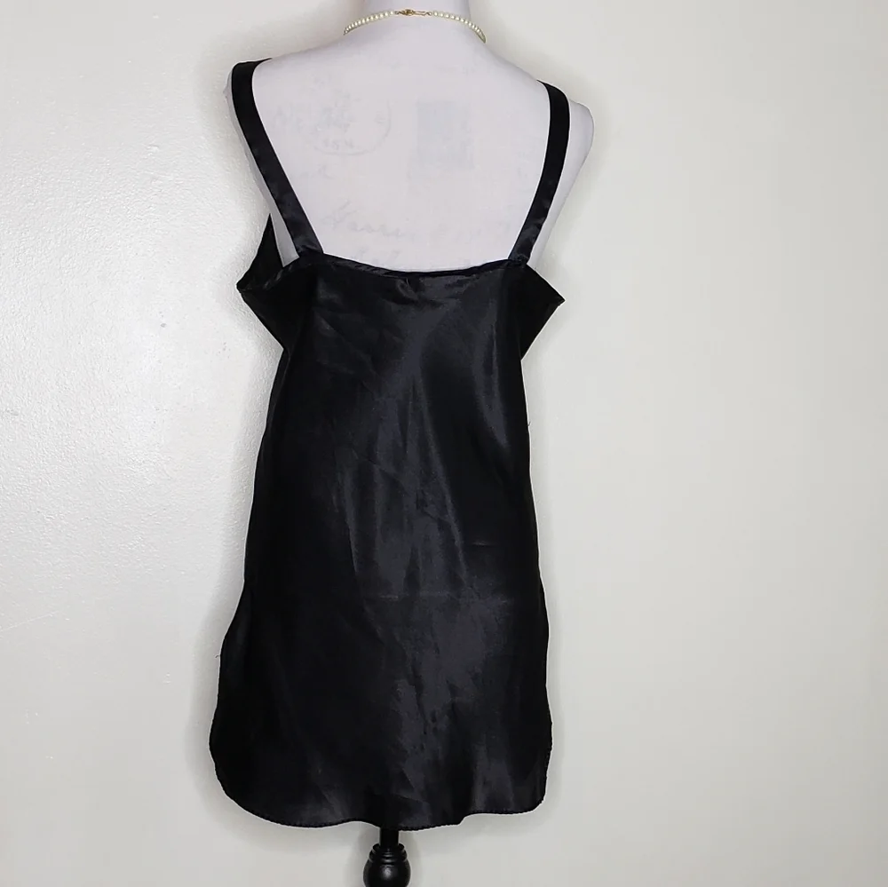 Vintage Black Satiny Night Slip Lingerie Chemise 80s Luxury Sexy Comfy Intimate